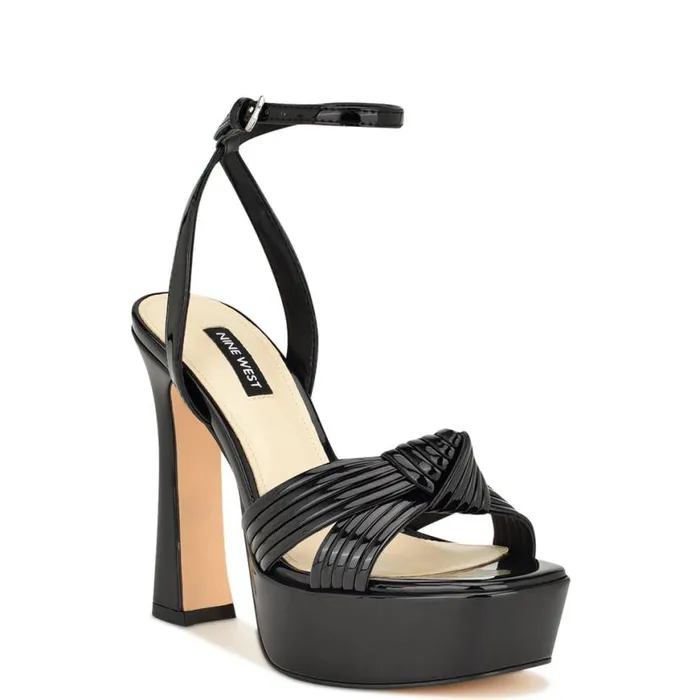 Nine West Sandals Women Irna Platform Ankle Strap Knotted Sandals Black Patent