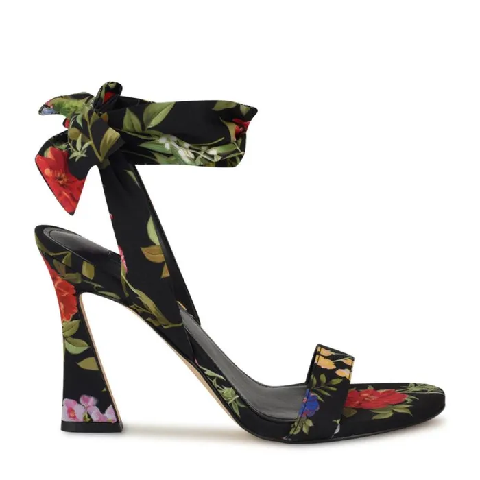 Nine West Sandals Women Kelsie Ankle Wrap Heeled Sandals Black Floral