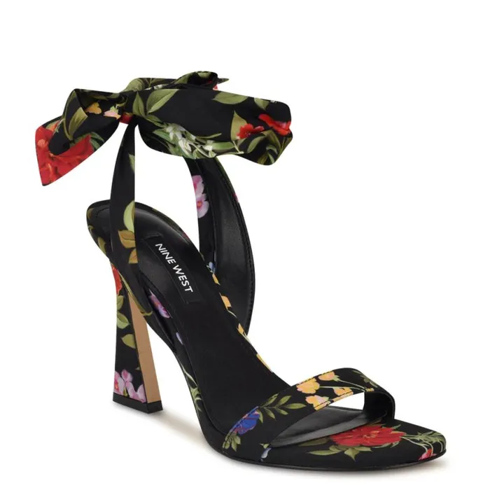 Nine West Sandals Women Kelsie Ankle Wrap Heeled Sandals Black Floral