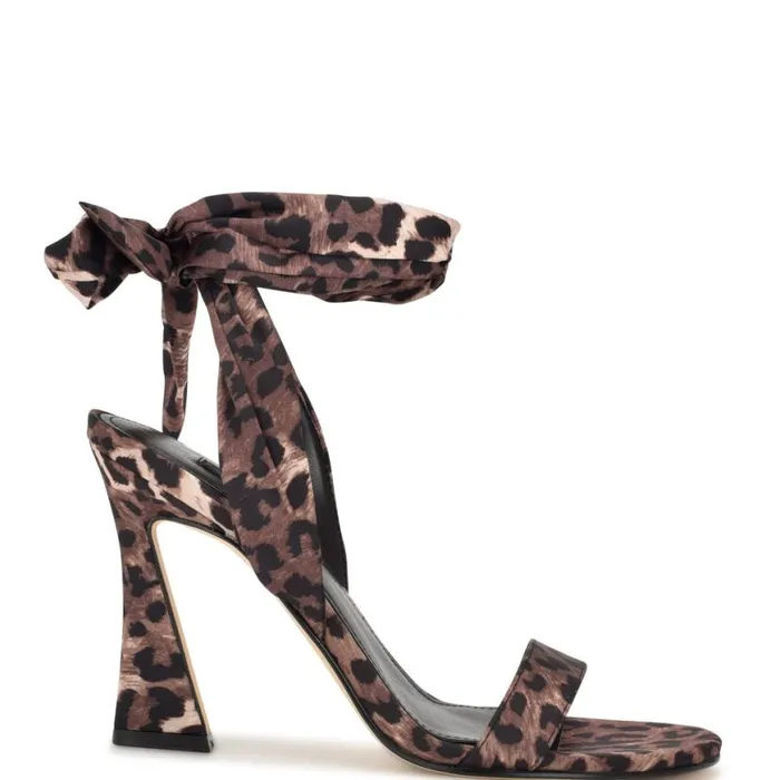 Nine West Sandals Women Kelsie Ankle Wrap Heeled Sandals Leopard Satin