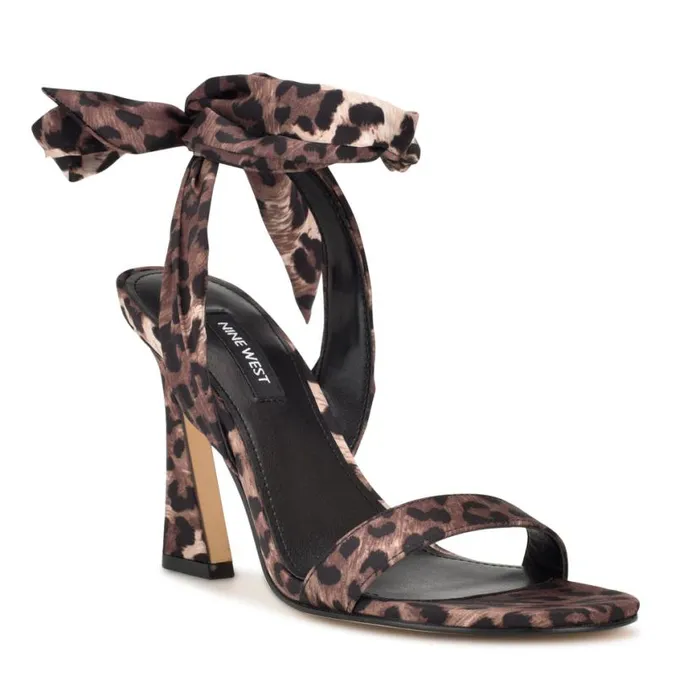 Nine West Sandals Women Kelsie Ankle Wrap Heeled Sandals Leopard Satin