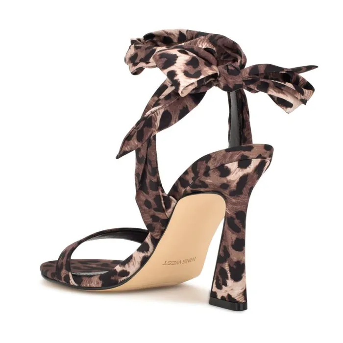 Nine West Sandals Women Kelsie Ankle Wrap Heeled Sandals Leopard Satin