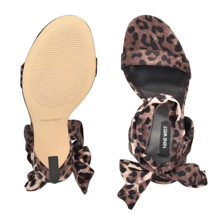 Nine West Sandals Women Kelsie Ankle Wrap Heeled Sandals Leopard Satin