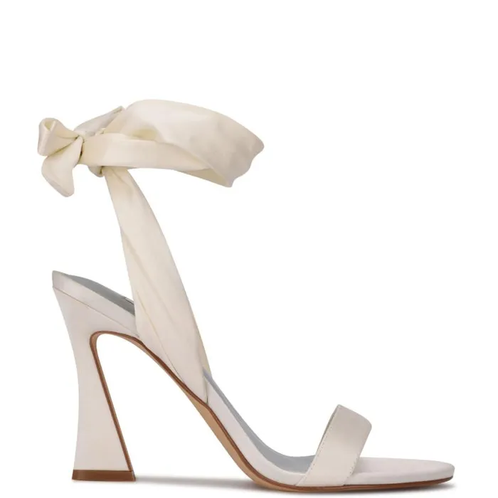 Nine West Sandals Women Kelsie Ankle Wrap Heeled Sandals White Satin