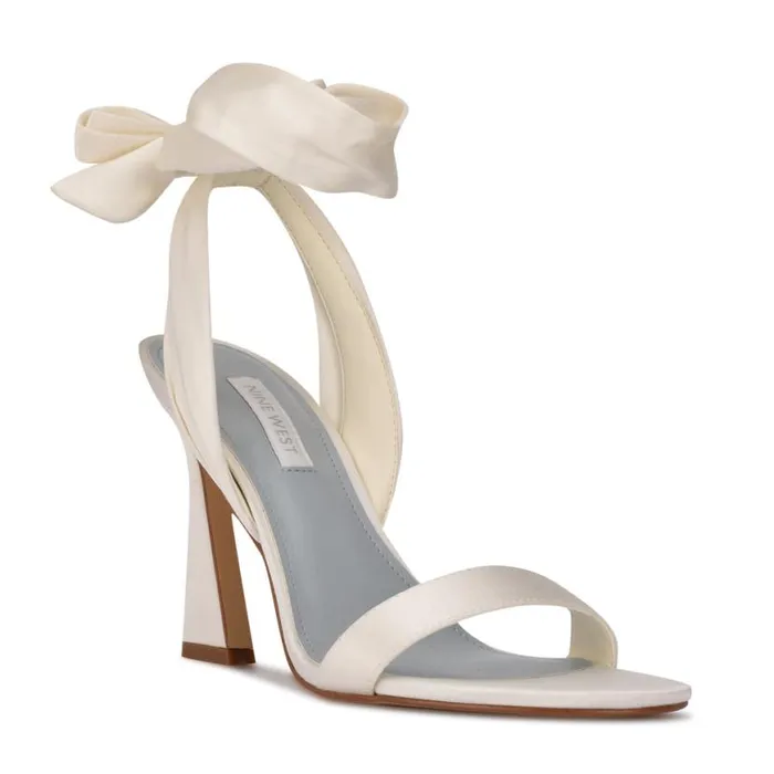 Nine West Sandals Women Kelsie Ankle Wrap Heeled Sandals White Satin