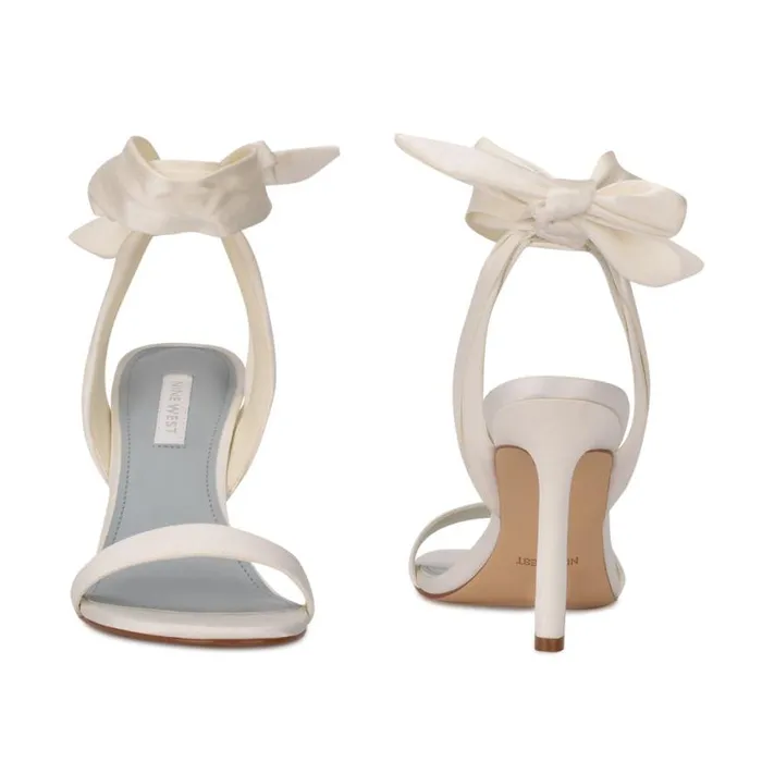 Nine West Sandals Women Kelsie Ankle Wrap Heeled Sandals White Satin