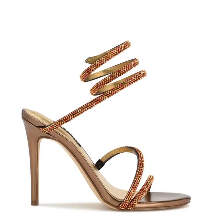 Nine West Sandals Women Maskil Ankle Wrap Heeled Sandals Dark Gold Shimmer
