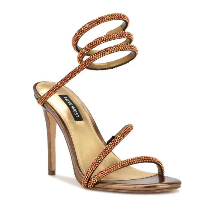Nine West Sandals Women Maskil Ankle Wrap Heeled Sandals Dark Gold Shimmer