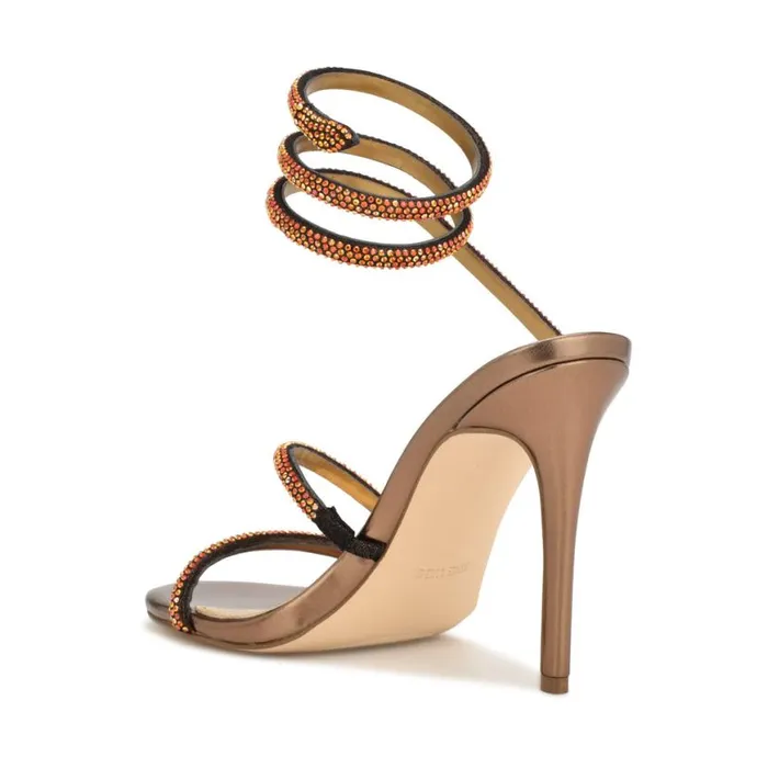 Nine West Sandals Women Maskil Ankle Wrap Heeled Sandals Dark Gold Shimmer