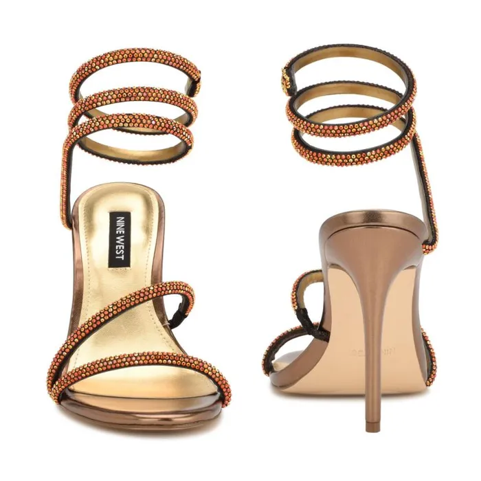 Nine West Sandals Women Maskil Ankle Wrap Heeled Sandals Dark Gold Shimmer