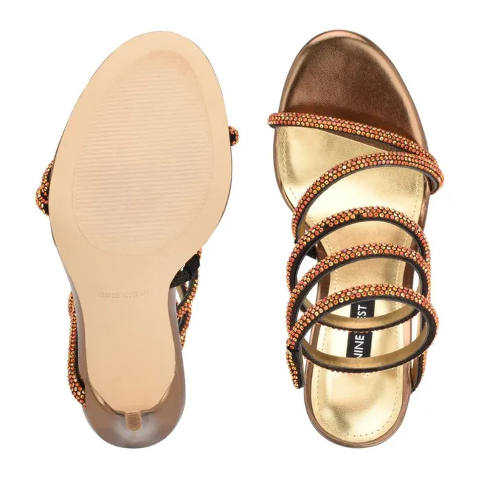 Nine West Sandals Women Maskil Ankle Wrap Heeled Sandals Dark Gold Shimmer