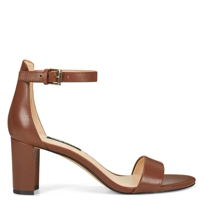 Nine West Sandals Women Pruce Ankle Strap Block Heel Sandals Dark Brown Leather