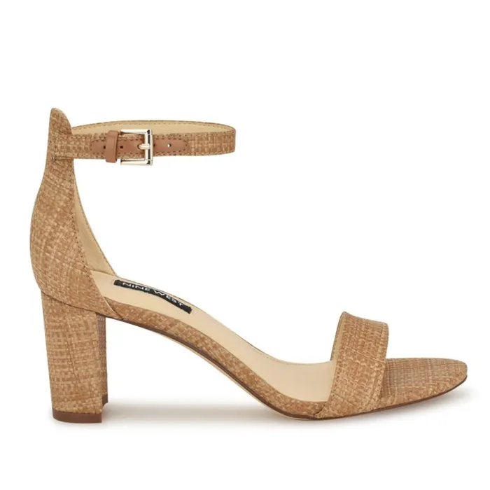 Nine West Sandals Women Pruce Ankle Strap Block Heel Sandals Natural Raffia