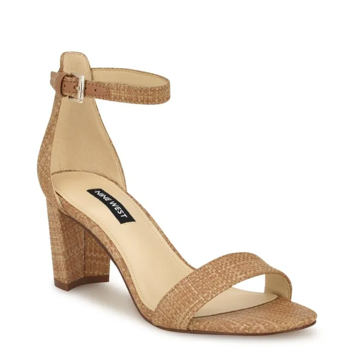 Nine West Sandals Women Pruce Ankle Strap Block Heel Sandals Natural Raffia