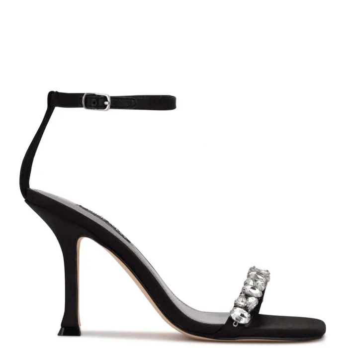 Nine West Sandals Women Yazmin Ankle Strap Dress Sandals Black Satin Crystal