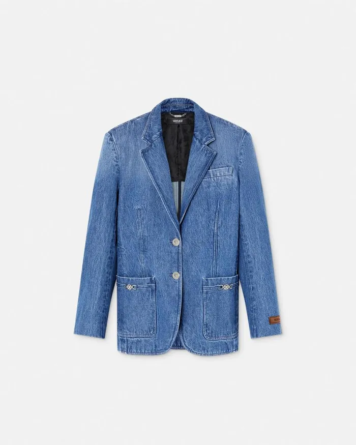 Oversized Tailored Denim Blazer Blue Women Versace Blazer and Jackets
