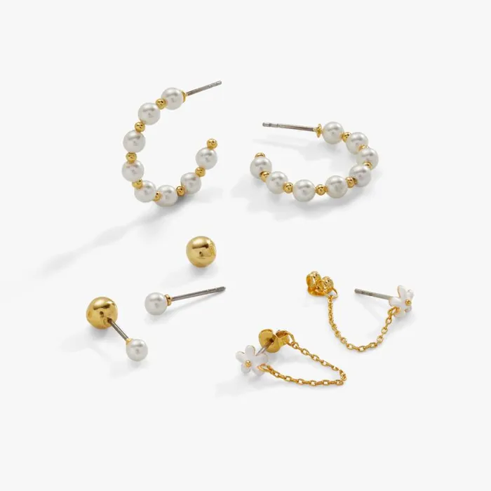 Pearl Hoop Daisy Stud Earrings Set Of 3 Gold Women Alex And Ani Earrings