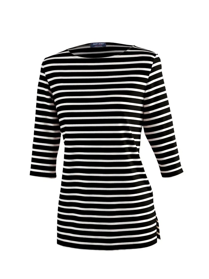 Phare Boat Neck Striped Tunic With Slits Stretch Fabric With Uv Protection Blackivory Women Saint James Breton Striped Shirts Phare Boat Neck Striped Tunic With Slits Stretch Fabric With Uv Protection Blackivory Women Saint James Breton Striped Shirts