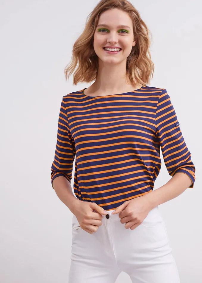 Phare Boat Neck Striped Tunic With Slits Stretch Fabric With Uv Protection Indigoneonorange Women Saint James Breton Striped Shirts