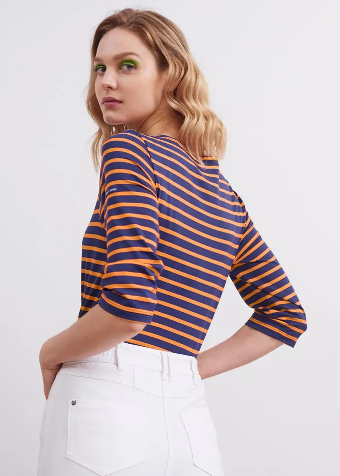 Phare Boat Neck Striped Tunic With Slits Stretch Fabric With Uv Protection Indigoneonorange Women Saint James Breton Striped Shirts