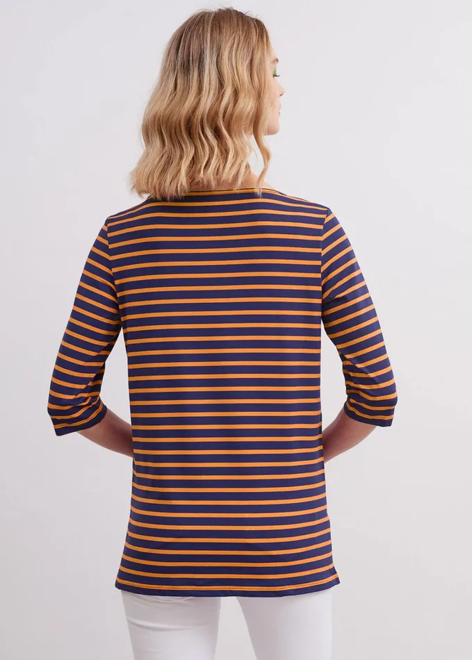 Phare Boat Neck Striped Tunic With Slits Stretch Fabric With Uv Protection Indigoneonorange Women Saint James Breton Striped Shirts