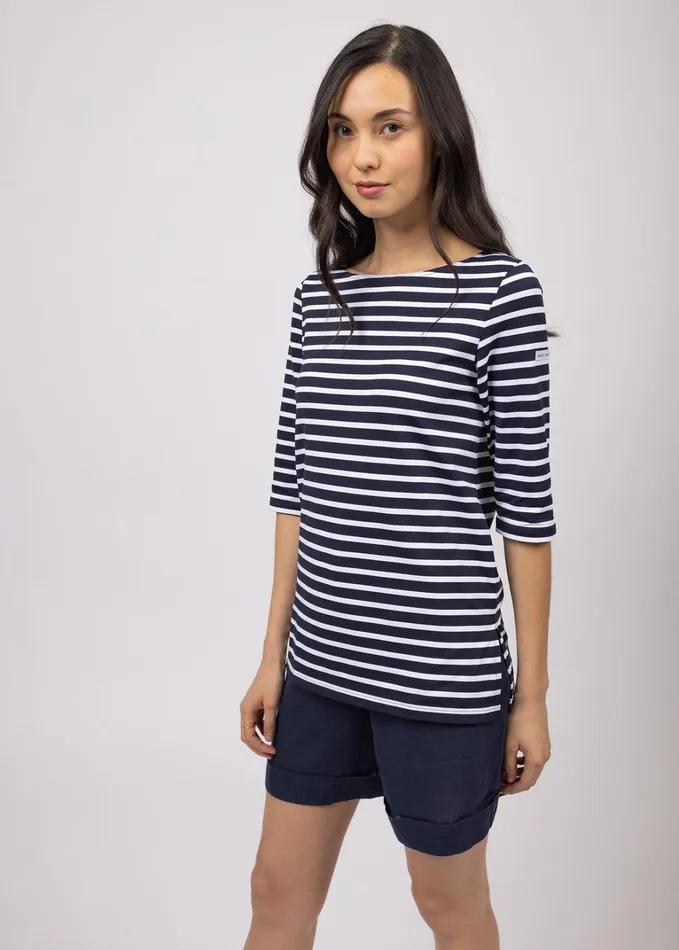 Phare Boat Neck Striped Tunic With Slits Stretch Fabric With Uv Protection Navywhite Women Saint James Breton Striped Shirts