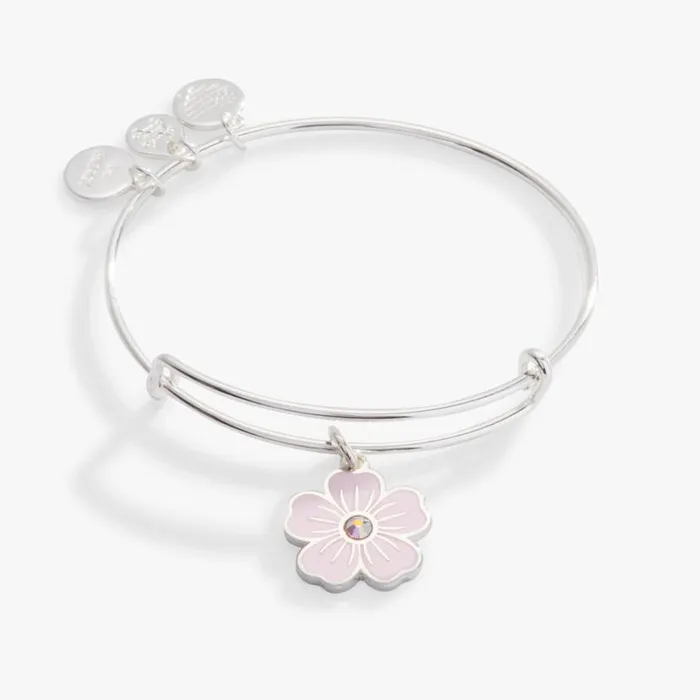 Pink Pansy And Crystal Charm Bangle Bracelet Silver Women Alex And Ani Love