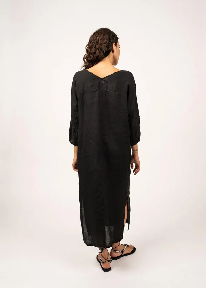 Revelyne Long VNeck Linen Dress With 34 Sleeves Black Women Saint James Dresses Skirts and Pants