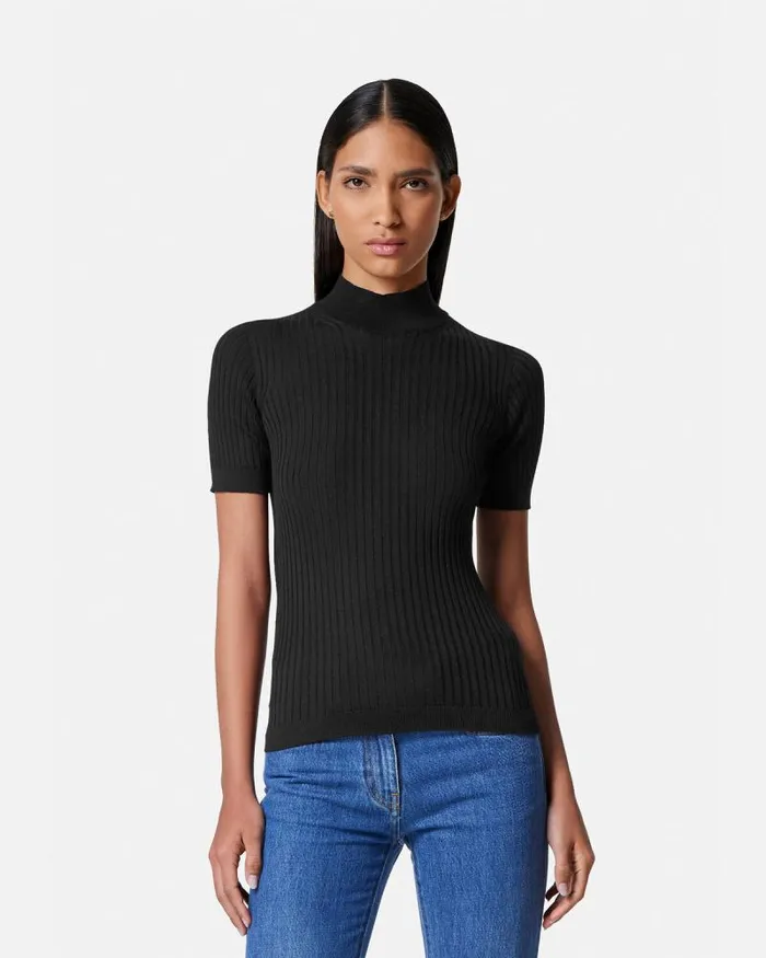 Ribbed Knit TShirt Black Women Versace Knitwear
