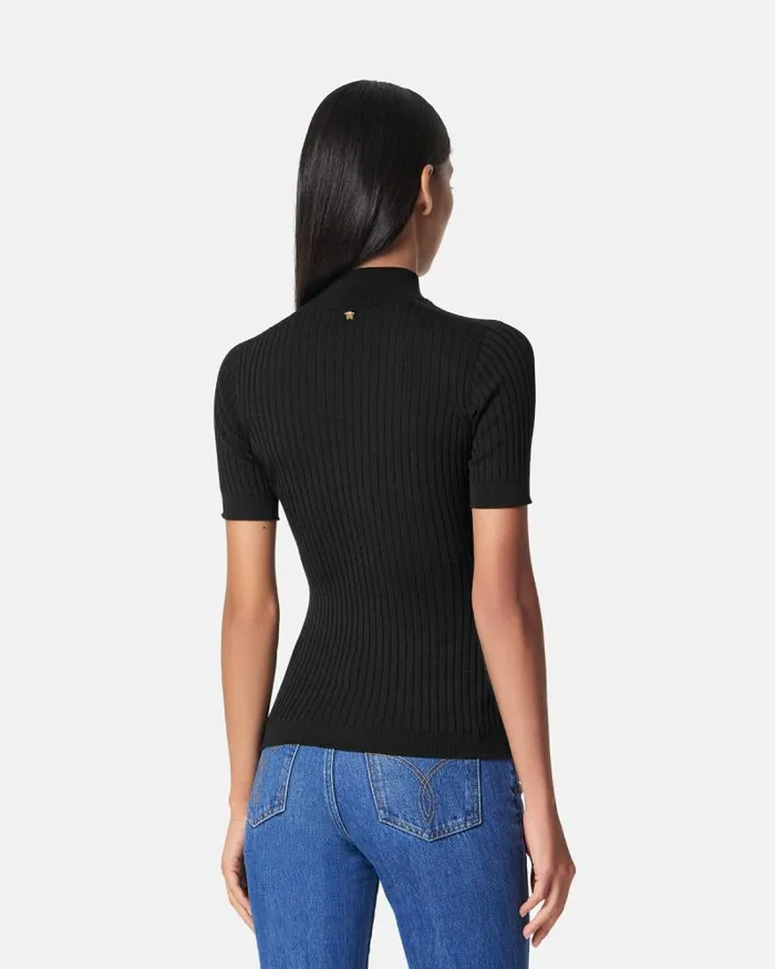 Ribbed Knit TShirt Black Women Versace Knitwear