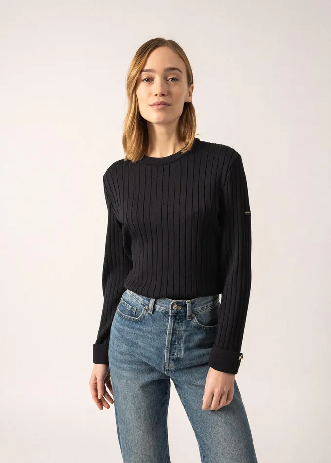 Rivage FlatRib Knit Sweater With Gold Cuff Buttons 100 Wool Navy Women Saint James Breton Sweaters