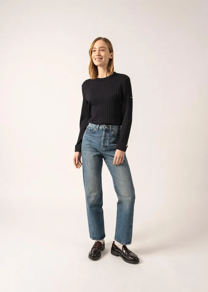 Rivage FlatRib Knit Sweater With Gold Cuff Buttons 100 Wool Navy Women Saint James Breton Sweaters