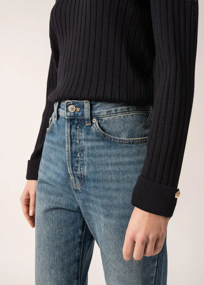 Rivage FlatRib Knit Sweater With Gold Cuff Buttons 100 Wool Navy Women Saint James Breton Sweaters