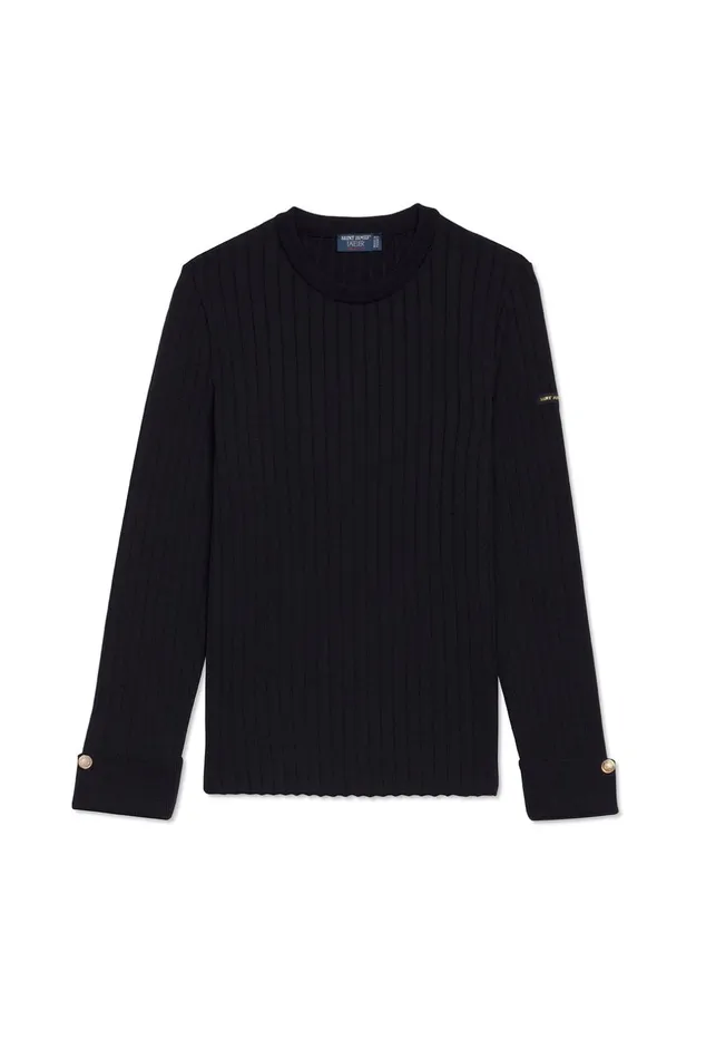 Rivage FlatRib Knit Sweater With Gold Cuff Buttons 100 Wool Navy Women Saint James Breton Sweaters