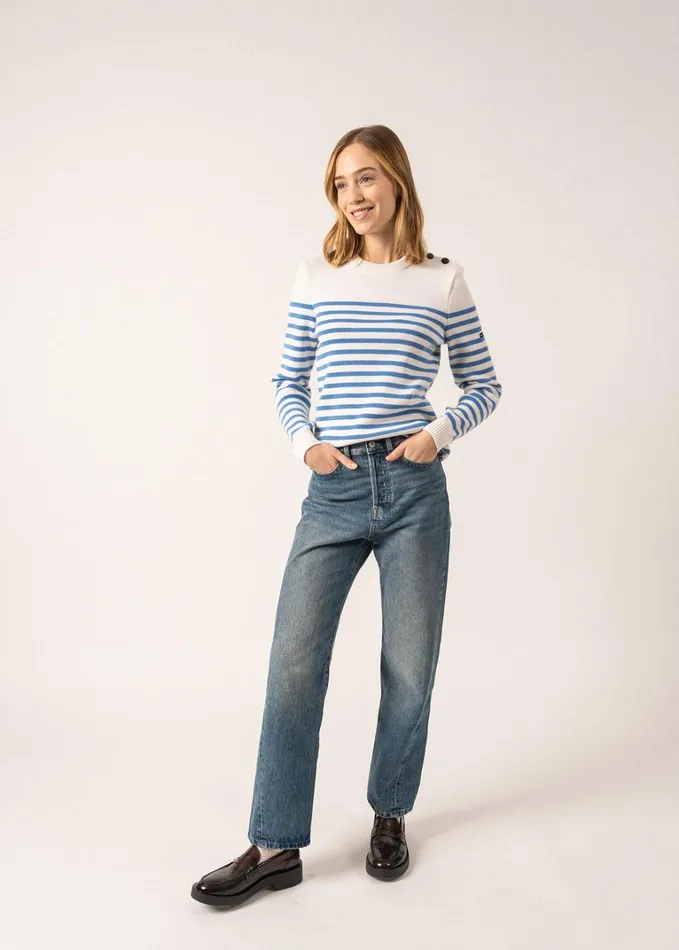 Rochefort Breton Sweater With Button Shoulder 100 Comfort Wool Ivoryoxygenblue Women Saint James Breton Sweaters Rochefort Breton Sweater With Button Shoulder 100 Comfort Wool Ivoryoxygenblue Women Saint James Breton Sweaters