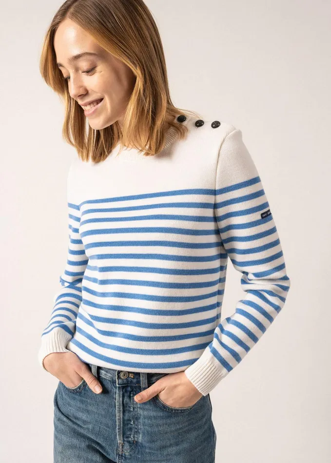 Rochefort Breton Sweater With Button Shoulder 100 Comfort Wool Ivoryoxygenblue Women Saint James Breton Sweaters