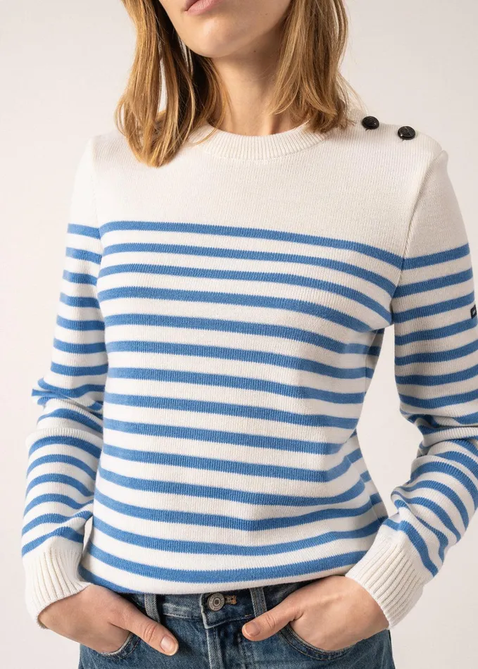 Rochefort Breton Sweater With Button Shoulder 100 Comfort Wool Ivoryoxygenblue Women Saint James Breton Sweaters