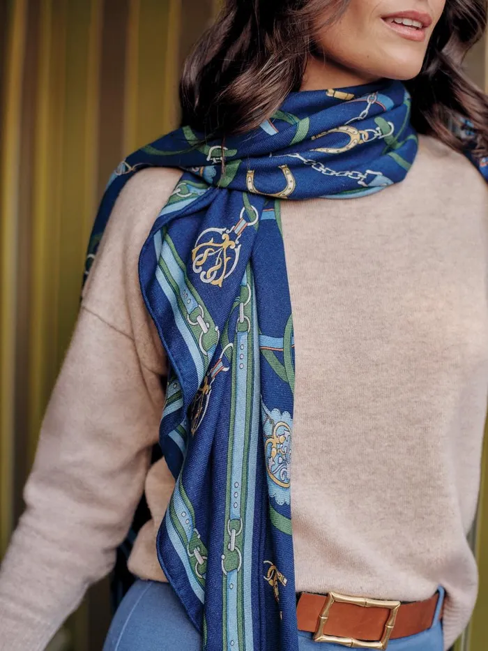 Scarves Women JMcLaughlin Sarita Scarf In Fairfax Crest Corner Navygreenblue