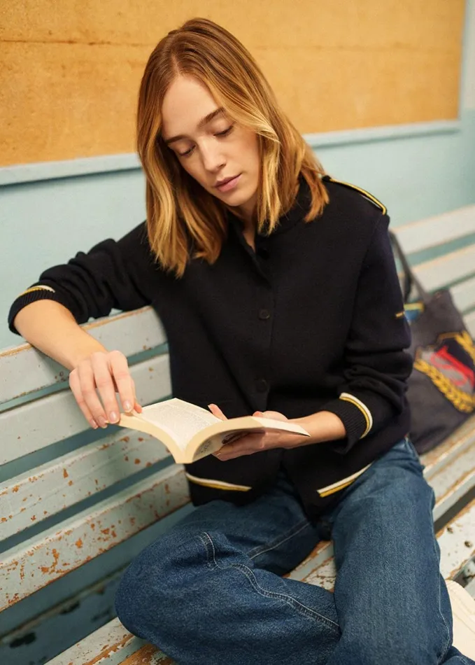 Serres Ponte Knit Jacket With Lurex Details 100 Wool Navy Women Saint James Sweaters Cardigans and Jackets Serres Ponte Knit Jacket With Lurex Details 100 Wool Navy Women Saint James Sweaters Cardigans and Jackets