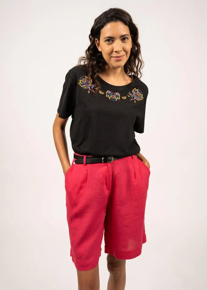 Shanon Tee With Embroidered Floral Motif 100 Pima Cotton Black Women Saint James TShirts and Tops