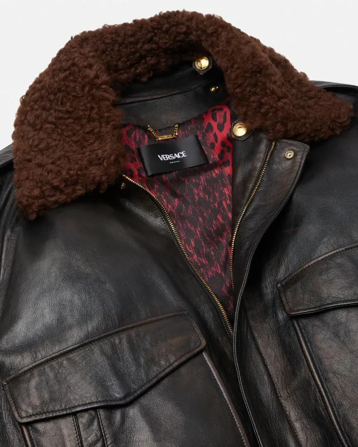 ShearlingCollar Leather Bomber Jacket Black Men Versace Jackets and Coats