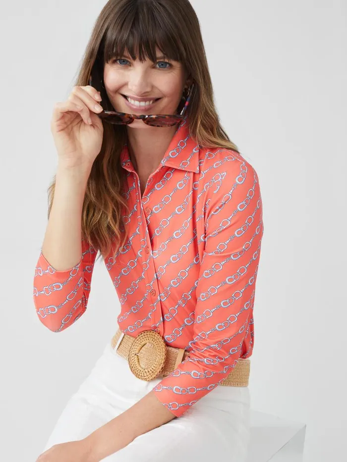 Shirts and Tops Women JMcLaughlin Cornelia 34 Sleeve Shirt In Bridle Crest Coralblue Shirts and Tops Women JMcLaughlin Cornelia 34 Sleeve Shirt In Bridle Crest Coralblue