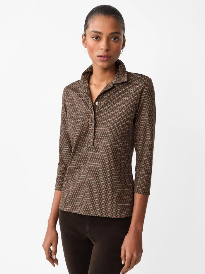 Shirts and Tops Women JMcLaughlin Court 34 Sleeve Polo In Rubiks Check Brownolive