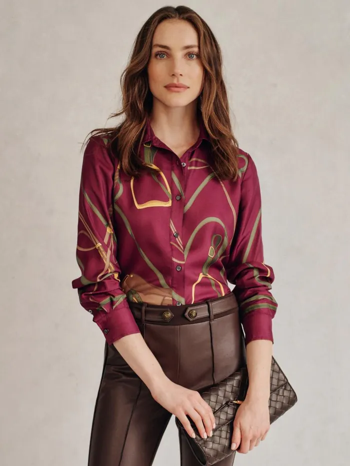 Shirts and Tops Women JMcLaughlin Denver Silk Blend Shirt In Modern Palomino Burgundyolive Shirts and Tops Women JMcLaughlin Denver Silk Blend Shirt In Modern Palomino Burgundyolive