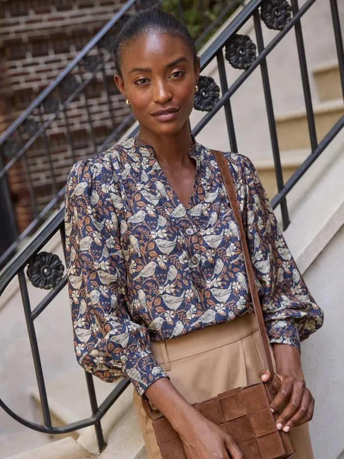 Shirts and Tops Women JMcLaughlin Rashell Blouse In Bird Story Charcoalcamel