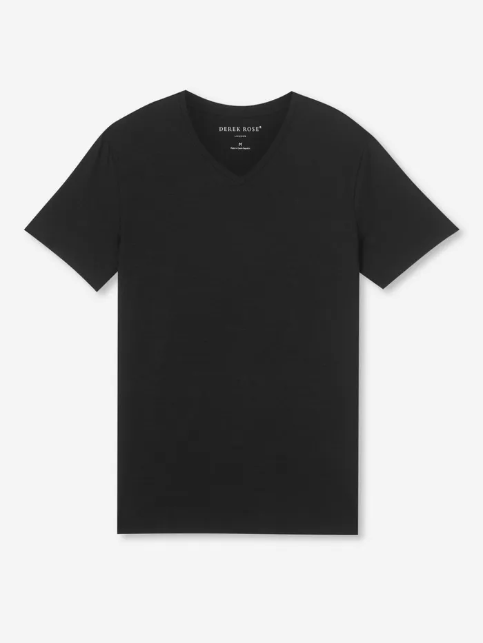 Short Sleeve TShirts Men Derek Rose VNeck TShirt Basel Micro Modal Stretch Black