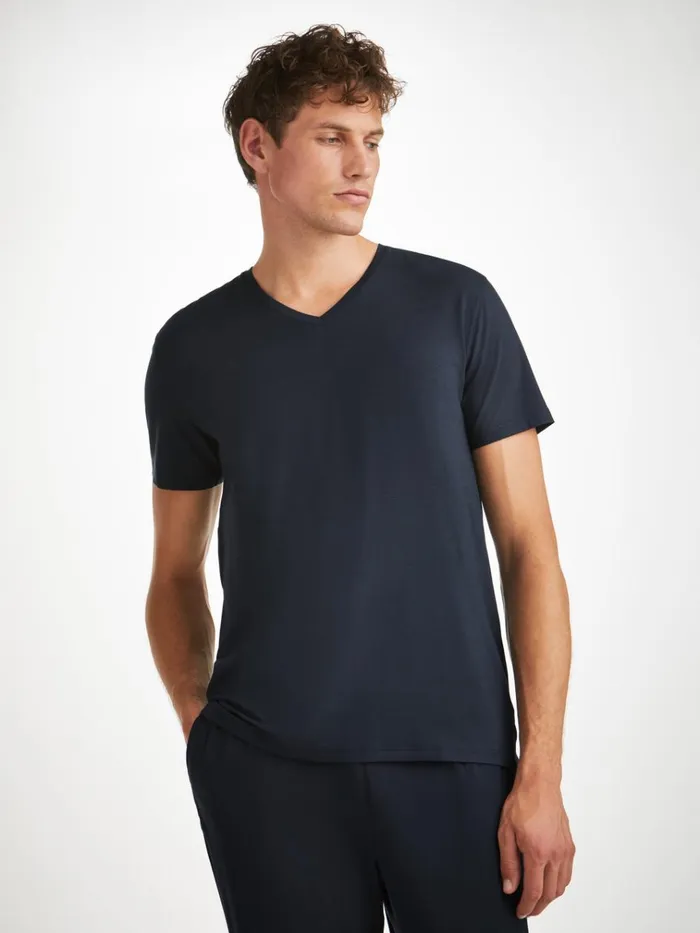 Short Sleeve TShirts Men Derek Rose VNeck TShirt Basel Micro Modal Stretch Navy Short Sleeve TShirts Men Derek Rose VNeck TShirt Basel Micro Modal Stretch Navy