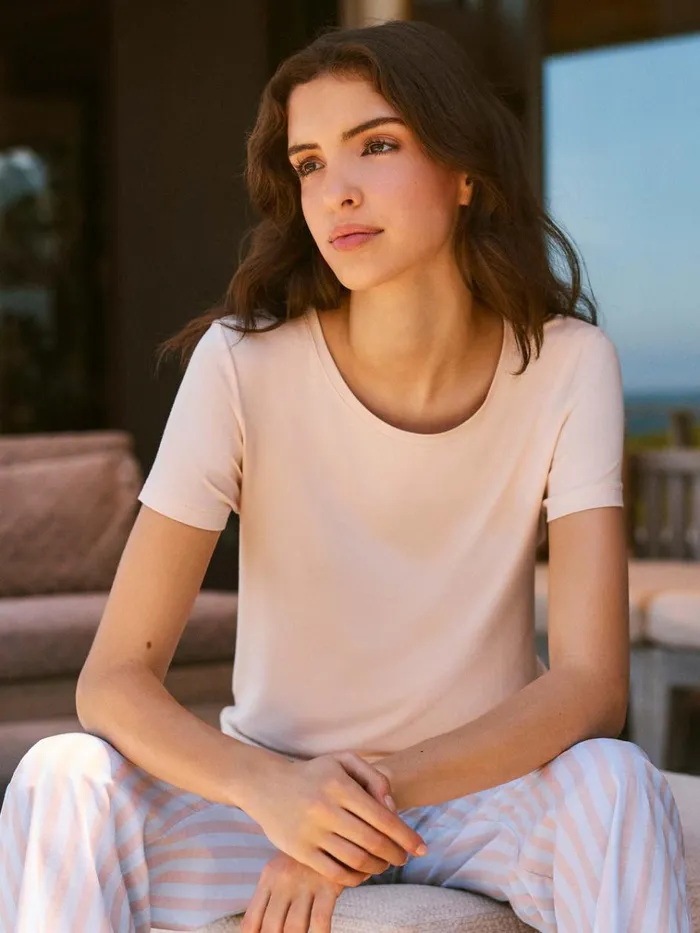 Short Sleeve TShirts Women Derek Rose TShirt Lara Micro Modal Stretch Cream
