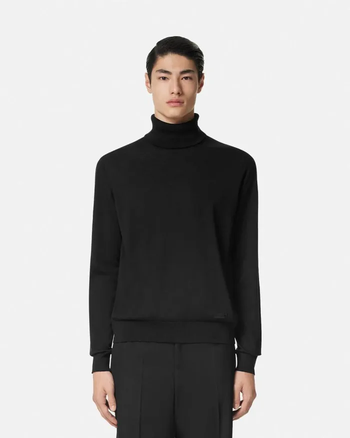 SilkBlend Knit Turtleneck Sweater Black Men Versace Knitwear