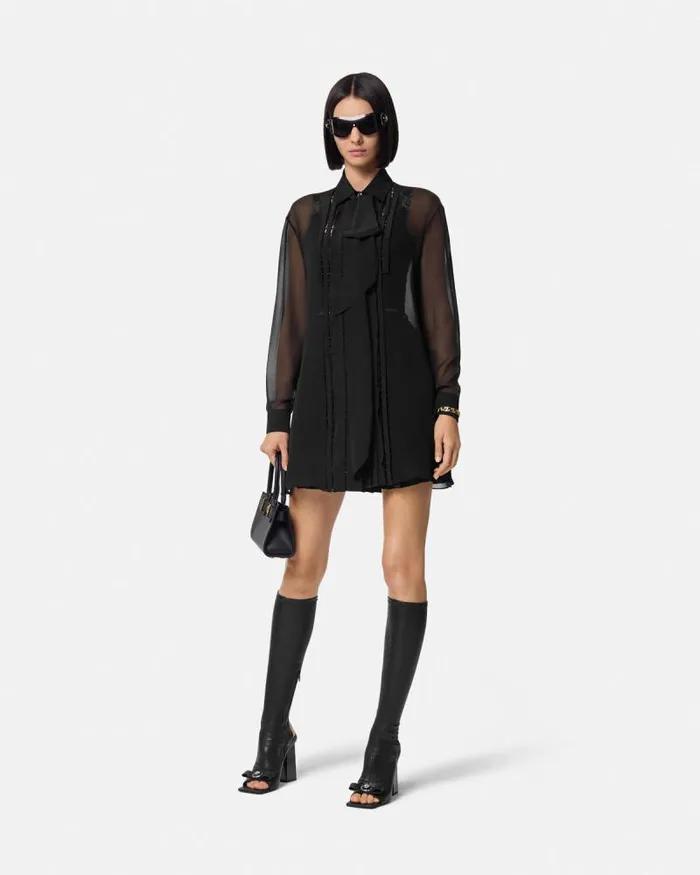 Silk Georgette Lavallire Long Shirt Black Women Versace Shirts and Tops